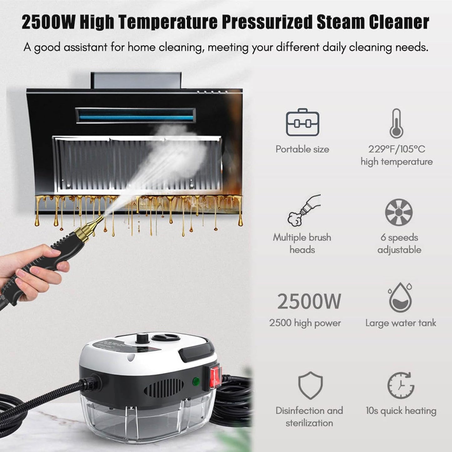 Portable Handheld Steam Cleaner, High Temperature Pressurized Steam Cleaning Machine with Brush Heads for Kitchen Furniture Bathroom Car